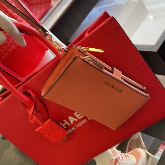 Michael Kors Jet Set Travel Leather Large Double Zip Wallet Wristlet Sherbert - Picture 9 of 16